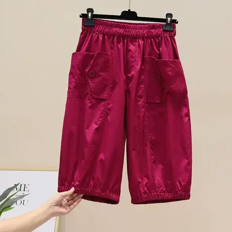 宽松大码胖MM七分休闲裤女2023春新款松紧腰大口袋阔腿束脚灯笼裤图片