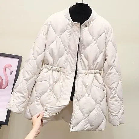 立领羽绒棉服女中长款2023冬季新款收腰菱格棉衣加厚保暖棉袄外套图片