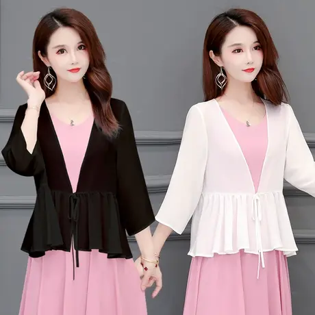 短款披肩女2022韩版七分袖袖系带小开衫雪纺纯色罩衫配裙子小外搭商品大图