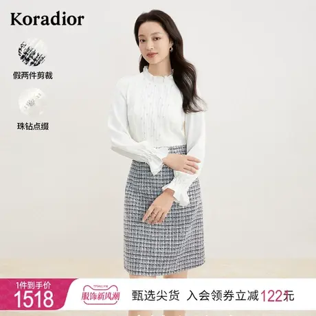 珂莱蒂尔女装秋冬新款通勤小香风蕾丝拼接连衣裙名媛假两件裙子图片