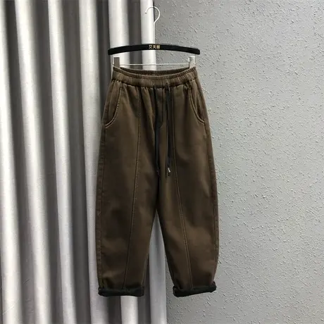 欧货阔脚哈伦裤女秋冬新款咖啡色松紧腰高腰百搭加厚保暖牛仔长裤商品大图