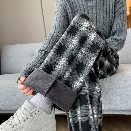 加绒黑白格子阔腿裤女冬季2023新款高腰垂感小个子休闲加厚直筒裤商品大图