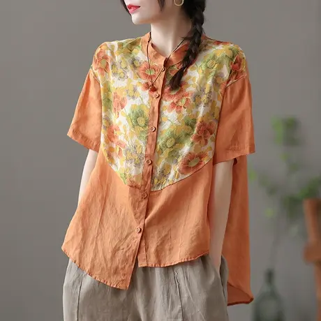 dza 复古薄款苎麻上衣女士外穿打底夏季宽松不规则短袖棉麻衬衣女图片