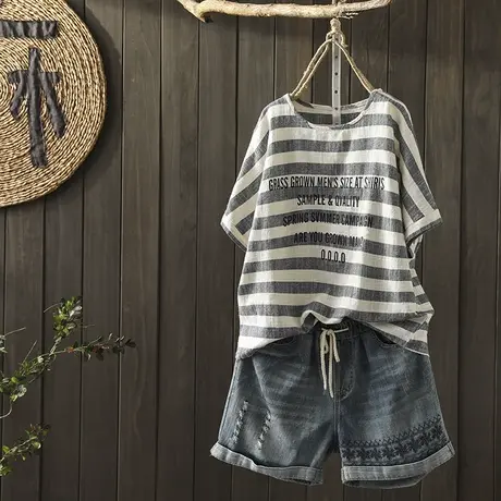 枫谜2019年夏季新款文艺复古字母印花条纹棉麻短袖T恤女宽松上衣商品大图