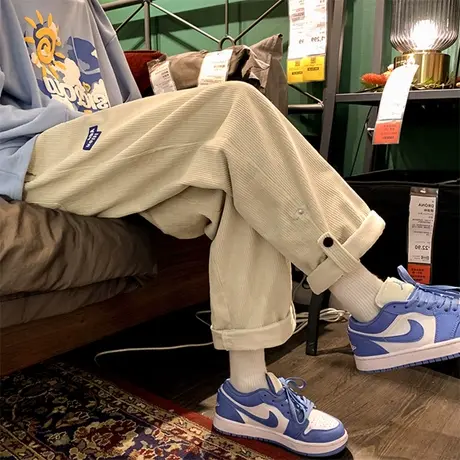 阔腿裤女春秋宽松卫裤小个子高腰直筒休闲垂感灯芯绒工装运动长裤图片