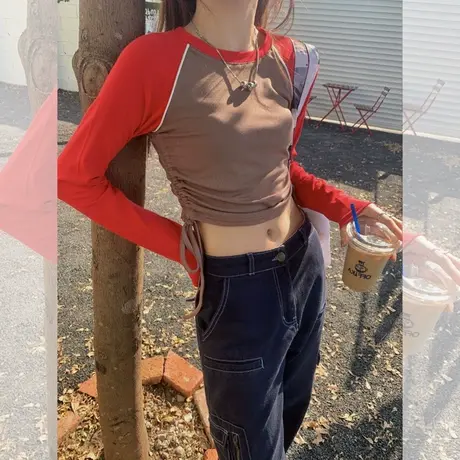 纯欲辣妹不规则抽绳长袖T恤女设计感小众修身打底衫内搭别致上衣商品大图
