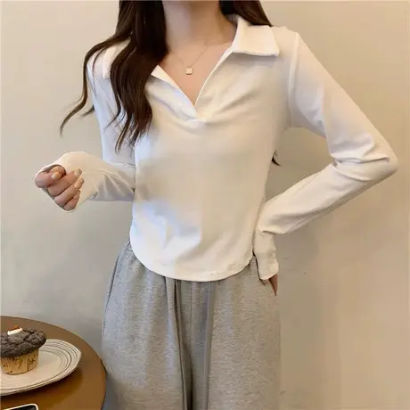 白色短款Polo领打底衫女内搭t恤春秋冬新款正肩紧身低领长袖上衣商品大图