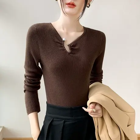V领针织打底衫小众设计感2023早春女装新款不规则小心机修身上衣图片