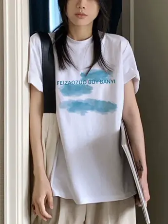 白色仿棉短袖t恤女2023年新款夏季小众设计感美式复古宽松上衣服商品大图