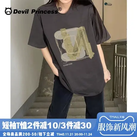 2024夏季新款古着感深灰色短袖t恤女宽松正肩小众设计感半袖上衣商品大图