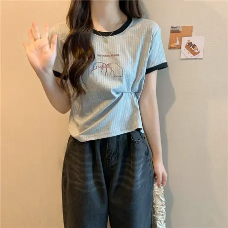 ins超火正肩短袖t恤女夏季2025新款潮学生宽松短款半袖休闲上衣服商品大图