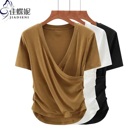 夏季新款韩版V领修身褶皱下摆不规则纯白纯色短袖体恤上衣内搭女商品大图