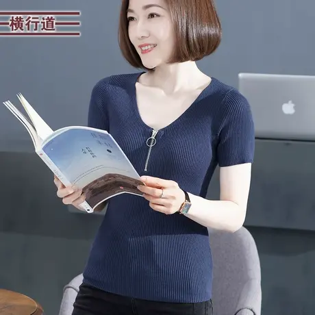 V领女士半袖打底衫2025年新款夏装中年妈妈短袖针织衫黑色上衣夏商品大图