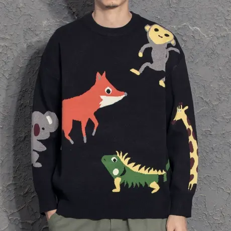 2021秋季新款毛衣套头针织衫宽松情侣圆领潮小清新动物提花打底衫图片