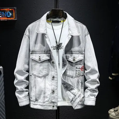 春秋款日系潮牌灰色牛仔外套男宽松休闲印花夹克男上衣服帅气褂子商品大图