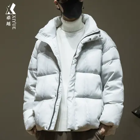 希越白鸭绒立领羽绒服男士简约纯色面包服秋冬季宽松大码加厚外套商品大图