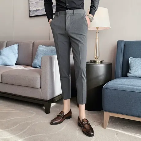 四季款男士大码西装长裤休闲痞帅发型师西裤修身小脚垂感九分裤潮图片