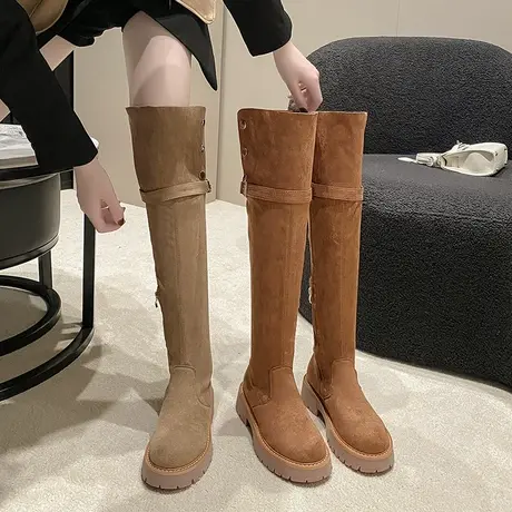 复古ins过膝靴子女2023年秋季新款时尚百搭长筒靴粗跟西部牛仔靴商品大图