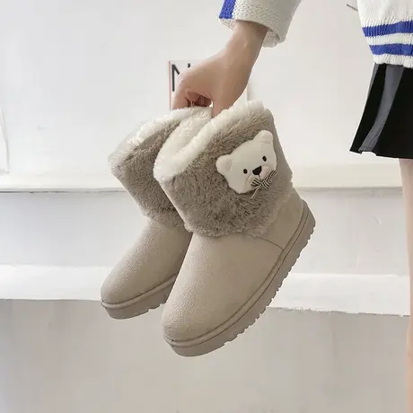 可爱小熊雪地靴短筒百搭2023新款冬季加绒学生加厚短靴女鞋子棉鞋图片
