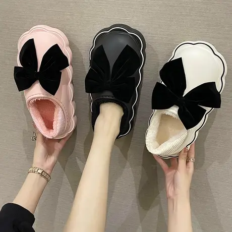 2024新款防水蝴蝶结棉拖鞋女包跟冬季外穿网红厚底毛绒室内居家用商品大图