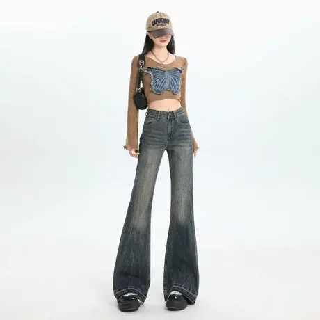 复古美式高腰微喇牛仔裤女春秋冬2023年新款显瘦修身马蹄喇叭裤子商品大图