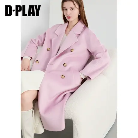 DPLAY2024春新轻奢琎口重磅羊毛气质通勤粉色中长款双面呢大衣商品大图