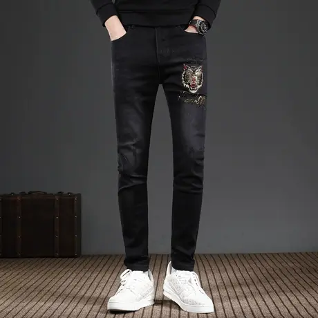 黑色刺绣牛仔裤男秋冬款修身小脚2023新款潮牌潮流弹力男士裤子商品大图