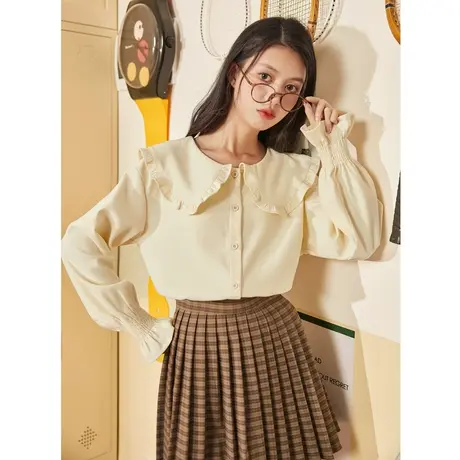 唐狮长袖衬衫女秋冬新娃娃领设计感小众法式上衣藏肉内搭图片