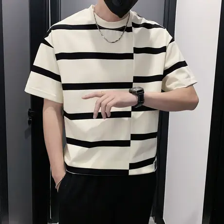 夏季男士t恤男装短袖半袖潮流圆领个性拼接条纹半截袖休闲ins体恤商品大图