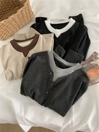 单排扣假两件糯米绒长袖T恤女宽松休闲加厚拼色磨毛内搭套头上衣商品大图