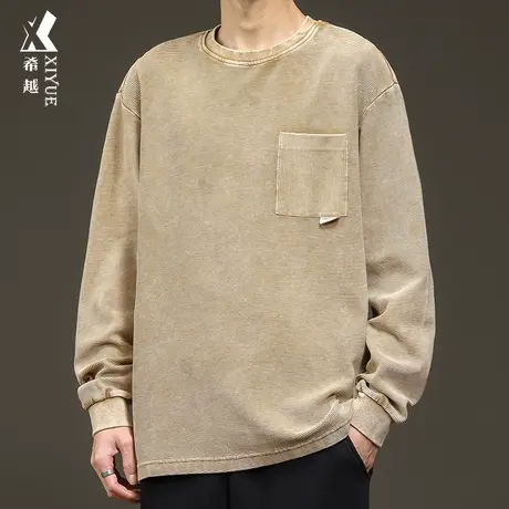 希越重磅长袖T恤男2024春季新款宽松大码圆领上衣男士纯棉打底衫商品大图