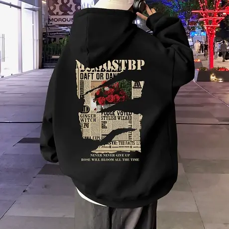 美式纯棉连帽玫瑰情侣卫衣男潮牌ins复古秋冬季高街宽松外套帽衫商品大图