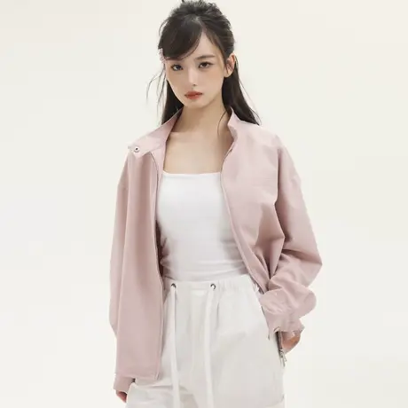 尔给2024新款春秋款宽松粉色立领运动外套女设计感小众小个子夹克商品大图