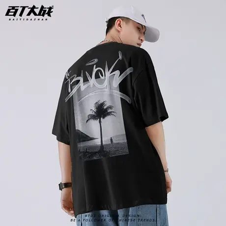 椰风树影美式立体字母印花短袖T恤男欧美高街宽松圆领潮牌上衣女商品大图