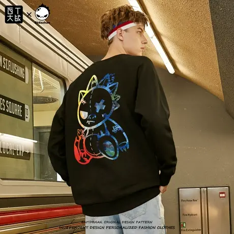 百t大战潮牌圆领卫衣男薄款小怪兽宽松潮流bf港风帅气学生春秋款商品大图