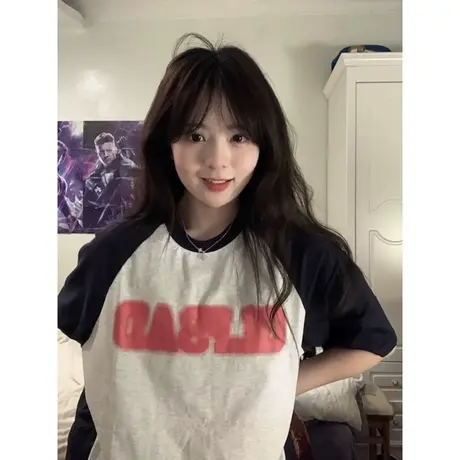 纯棉设计感拼色短袖t恤女夏季2023新款ins潮牌小众宽松半袖上衣服图片