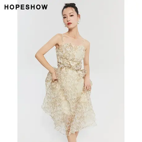 红袖outlets欧根纱吊带连衣裙hopeshow2023秋装新款淑女气质裙子图片