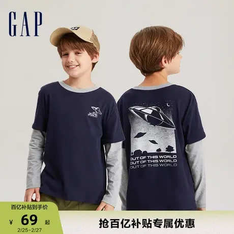 Gap男童春秋纯棉假两件长袖T恤儿童装洋气微弹运动休闲上衣736017商品大图