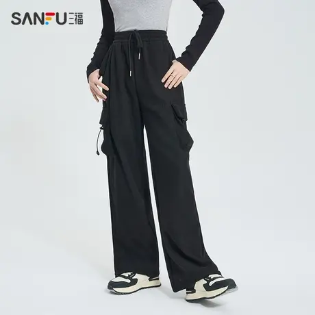 直播秒杀三福休闲裤2024年新款秋冬季美式高腰宽松小个子黑色工装商品大图
