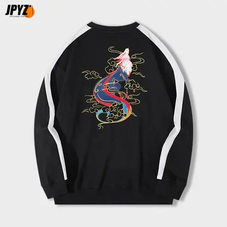 中国风圆领卫衣男秋冬潮牌九尾刺绣套头上衣国潮宽松休闲大码外套商品大图