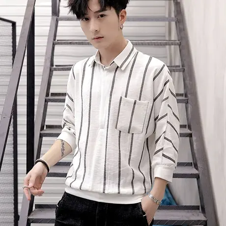 男士七分袖衬衫日系宽松夏季潮流帅气短袖衬衣中袖潮牌条纹T恤衫商品大图