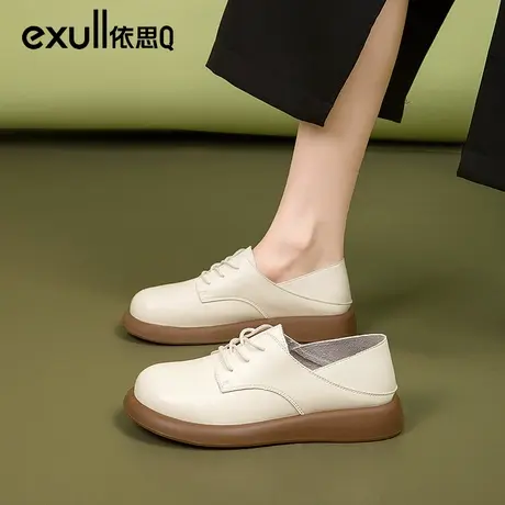 依思q平底单鞋女2024新款春季圆头系带皮鞋女上班通勤鞋可踩女鞋图片