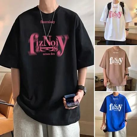 模糊字母印花夏季短袖T恤男潮牌美式宽松潮流情侣纯棉衣服半截袖商品大图