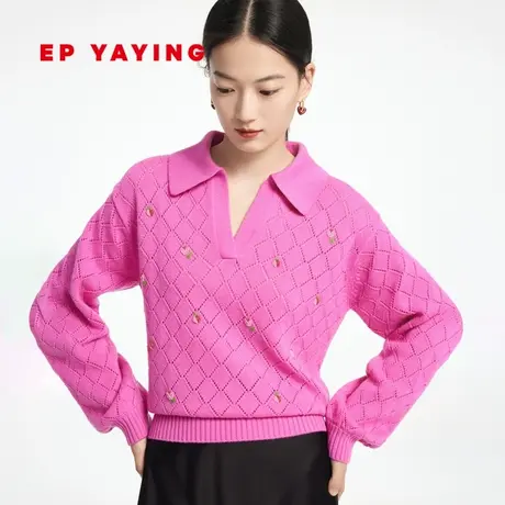 EP YAYING雅莹女装 镂空机理V领绵羊毛针织衫 2023新款9507A商品大图