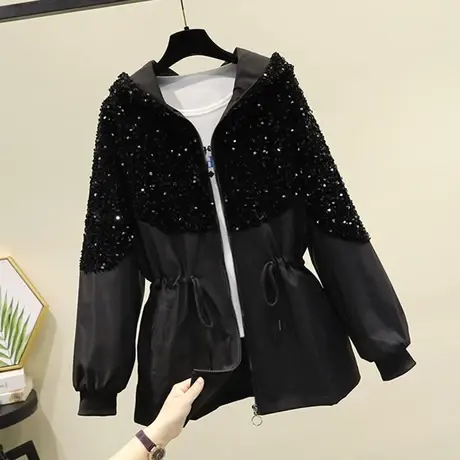 抽腰外套女装小个子上衣2023年春秋季新款亮片拼接收腰抽绳黑风衣图片