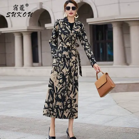 断货清仓特价风衣女长款英伦风2023秋装修身显瘦高端气质印花风衣商品大图