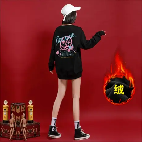 Ohlyah笑脸卫衣女2023秋冬新款加绒加厚宽松oversize黑色上衣班服商品大图