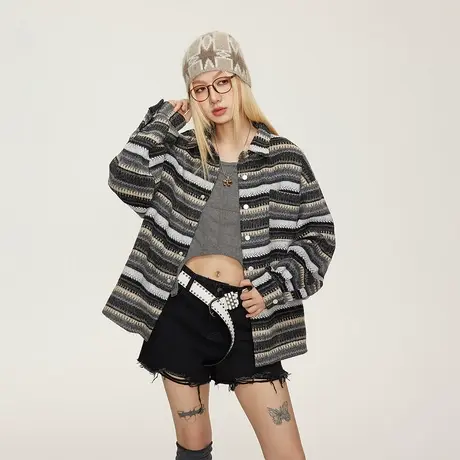 复古小香风条纹外套女春秋2023新款街头潮牌宽松oversize夹克上衣商品大图