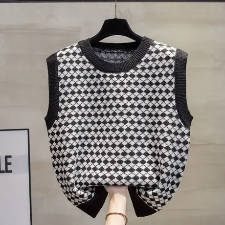 圆领复古菱格针织马甲背心女2023秋装新款宽松外穿马夹毛衣坎肩潮图片