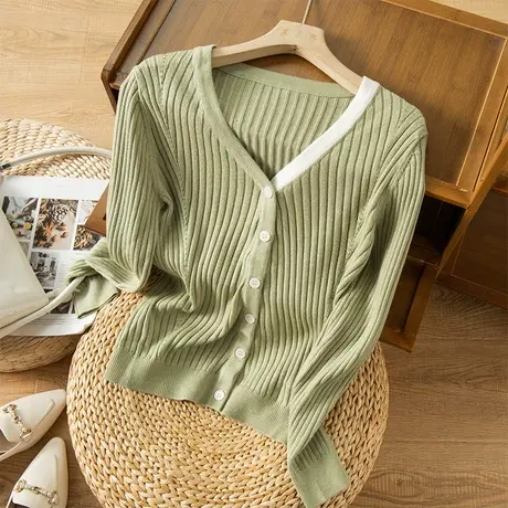 享永子竖条纹针织开衫女春秋宽松显瘦百搭羊毛毛衣女外套2023新款商品大图